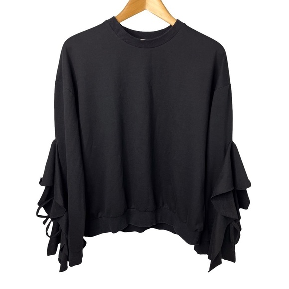 J.O.A Sweatshirt Cascade Ruffle Sleeve Black Size Medium Soft Knit Style KR1885 - Picture 2 of 7